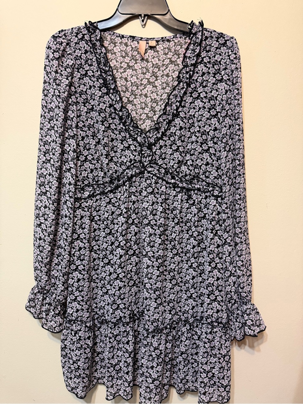 La Hearts Black Mini Dress with White Floral Print